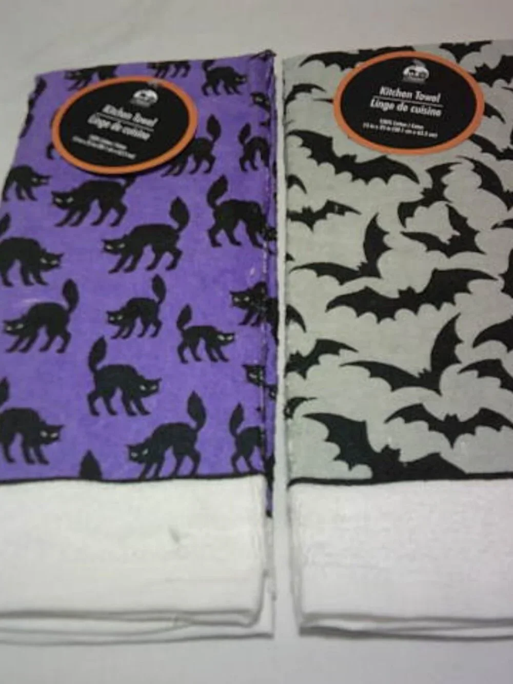 LOT 2 NEW HALLOWEEN KITCHEN TOWELS BATS & CATS DESIGN 100% COTTON GREENBRIER INT
